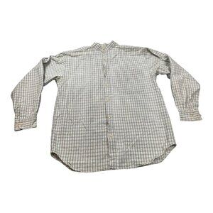 Vintage Property Shirt Men Medium Green Plaid Linen Cotton Band Collar Hong Kong